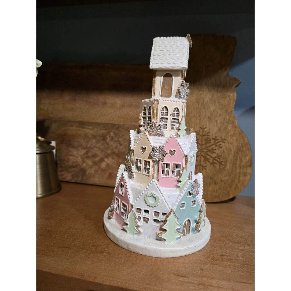 NEW Light-Up Pastel Pink Gingerbread Sugar Frosted Castle House Christmas Decor